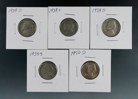 1938-D, 1938-S, 1939-D, 1939-S and 1950-D Jefferson Nickels Better Dates VG-BU