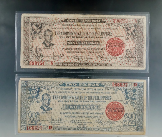 1942 Emergency Circulating Notes 1 and 2 Pesos G-VG