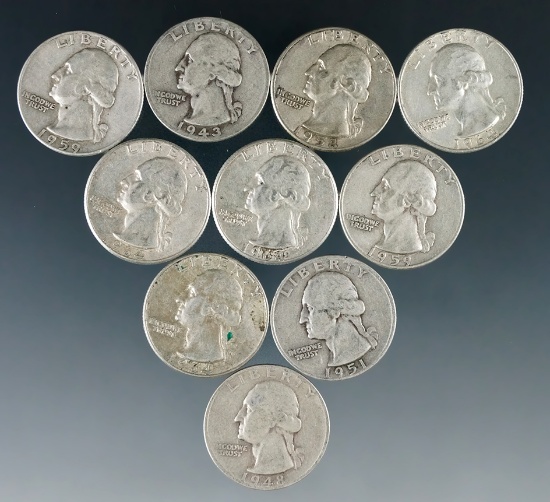 10 Assorted Washington Silver Quarters 1964 or Before F-AU
