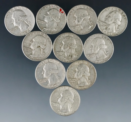 10 Assorted Washington Silver Quarters 1964 or Before F-AU