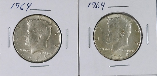 2 Silver 1964 Kennedy Half Dollars AU-BU