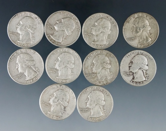 10 Assorted Washington Silver Quarters 1964 or Before VG-XF