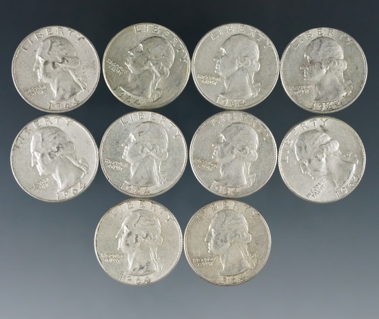 10 Assorted 1964 Washington Silver Quarters F-AU