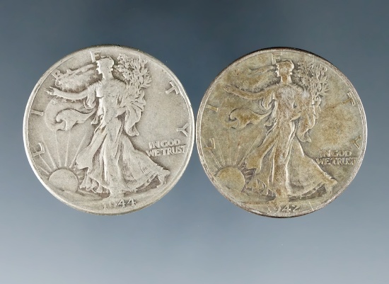 1942 and 1944 Walking Liberty Silver Half Dollars F