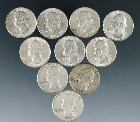 10 Assorted Washington Silver Quarters 1964 or Before F-AU