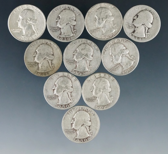 10 Assorted Washington Silver Quarters 1964 or Before AG-AU