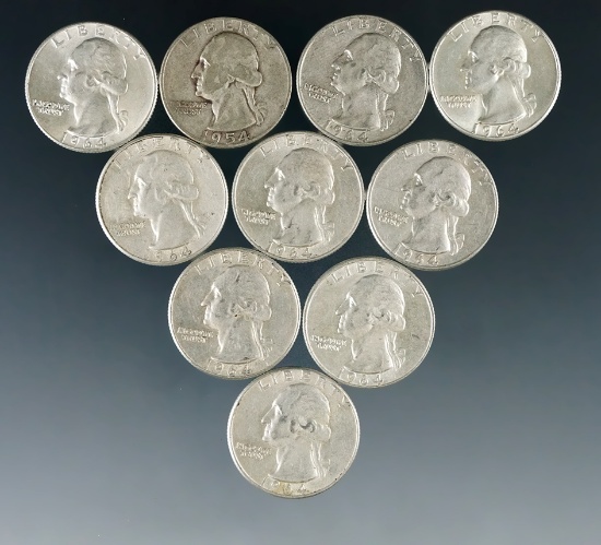 10 Assorted Washington Silver Quarters 1964 or Before F-AU