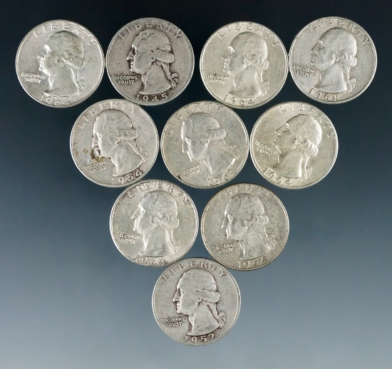 10 Assorted Washington Silver Quarters 1964 or Before VG-AU