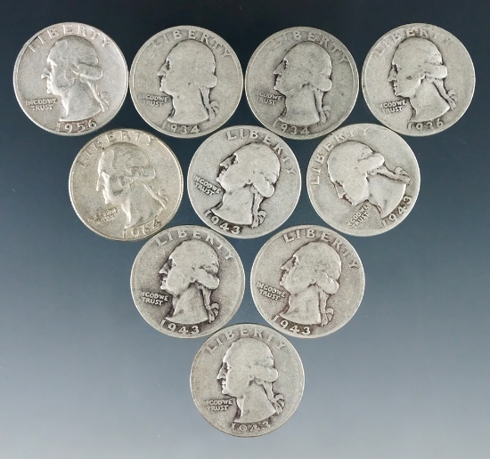 10 Assorted Washington Silver Quarters 1964 or Before G-AU