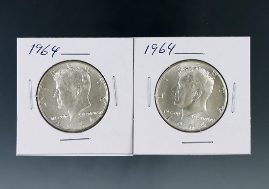 2 Silver 1964 Kennedy Half Dollars AU-BU