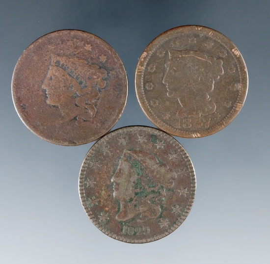 3 US Large Cents 1829, 1835 and1847 AG-VG Details Environmental Damage