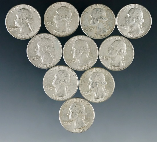 10 Assorted 1964 Washington Silver Quarters XF-AU
