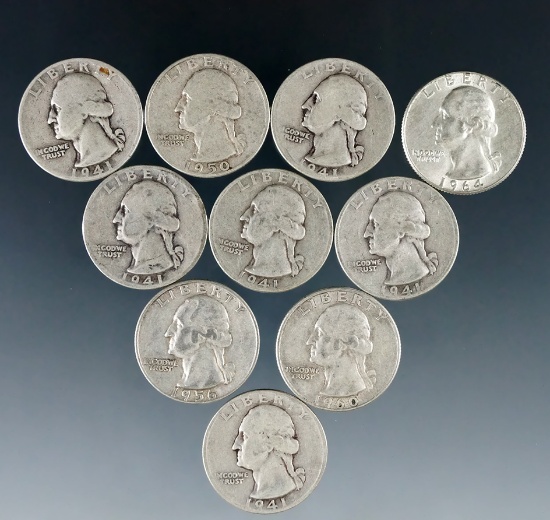 10 Assorted Washington Silver Quarters 1964 or Before G-AU