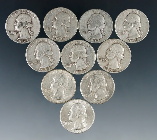 10 Assorted Washington Silver Quarters 1964 or Before G-AU
