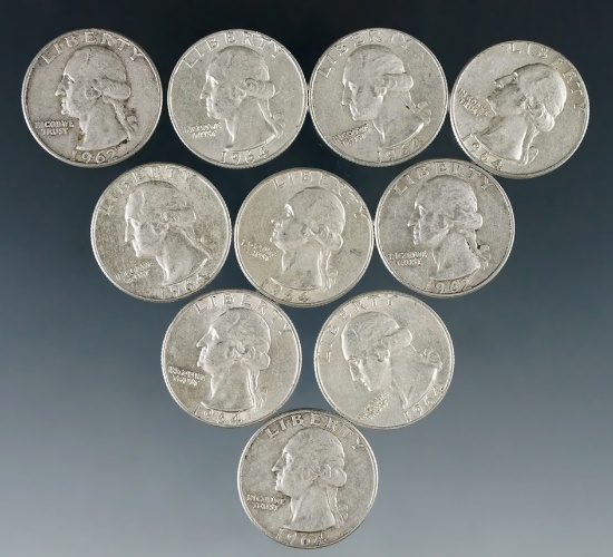 10 Assorted Washington Silver Quarters 1964 or Before VF-AU