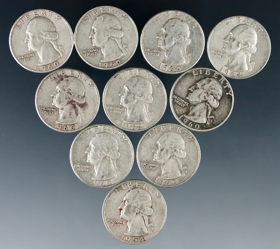 10 Assorted Washington Silver Quarters 1964 or Before F-AU