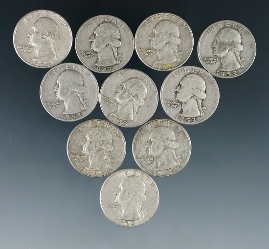 10 Assorted Washington Silver Quarters 1964 or Before VG-AU