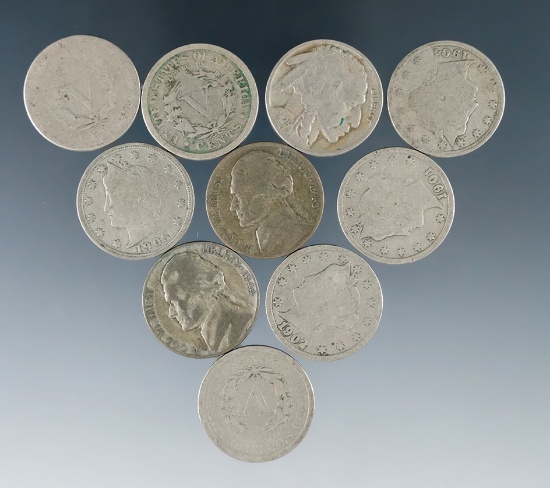 Liberty V Nickels AG-VG, Buffalo Nickel VG, 1943-S and 1944-P Jefferson Silver War Nickels VG