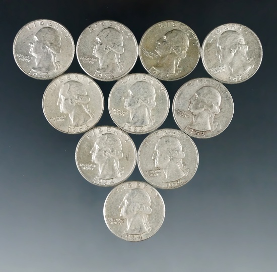 10 Assorted Washington Silver Quarters 1964 or Before F-AU