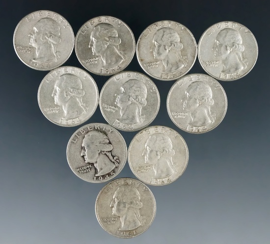 10 Assorted Washington Silver Quarters 1964 or Before G-AU