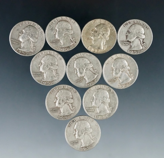 10 Assorted 1957 Washington Silver Quarters F-XF