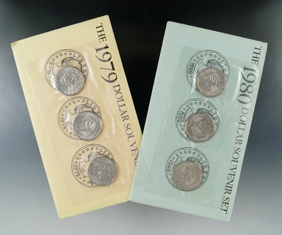 Uncirculated 1979 and 1980 Susan B Anthony 3 Piece Souvenir Sets in Original Mint Envelopes