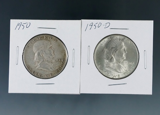 1950 and 1950-D Franklin Silver Half Dollars VF-AU Details