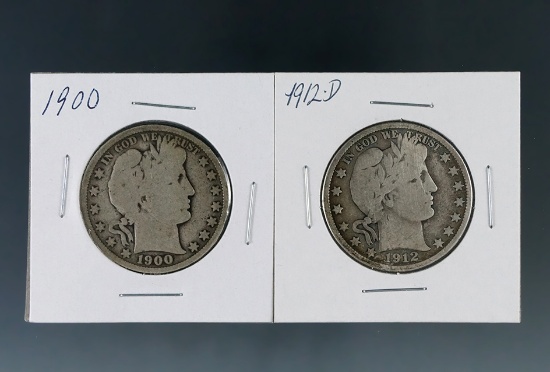 1900 and 1912-D Barber Silver Half Dollars G