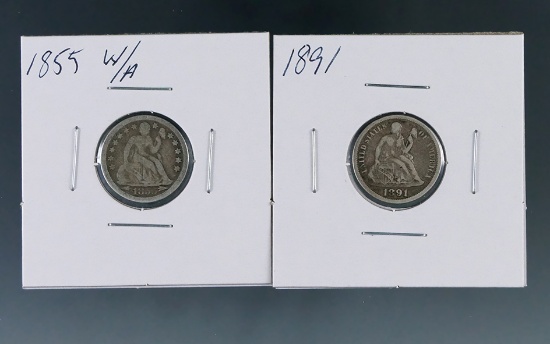 1855 With Arrows and 1891 Seated Liberty Dimes VG-F