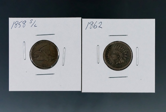 1858 Small Letter Flying Eagle and 1862 Copper Nickel Indian Cents VG-F Details