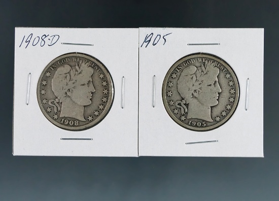1905 and 1908-D Barber Silver Half Dollars G+