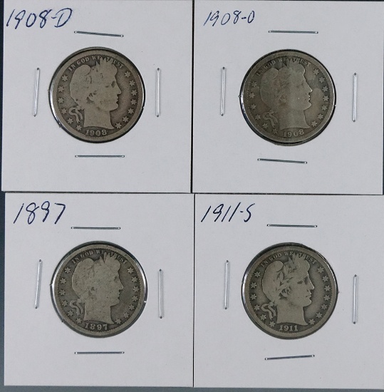 1897, 1908-D, 1908-O and 1911-S Barber Silver Quarters G
