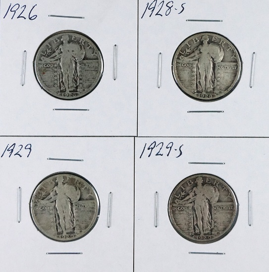 1926, 1928-S, 1929 and 1929-S Standing Liberty Silver Quarters VG-F