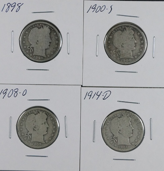 1898, 1900-S, 1908-O and 1914-D Barber Silver Quarters G