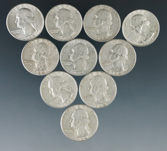 10 Assorted 1964 Washington Silver Quarters XF-AU