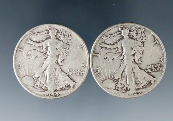 1942 and 1944 Walking Liberty Silver Half Dollars F