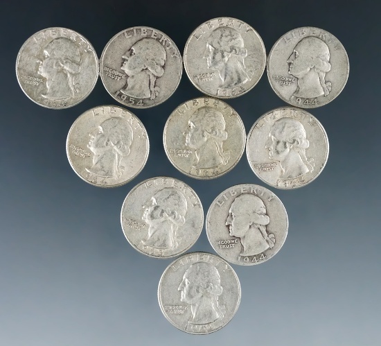 10 Assorted 1964 Washington Silver Quarters XF-AU