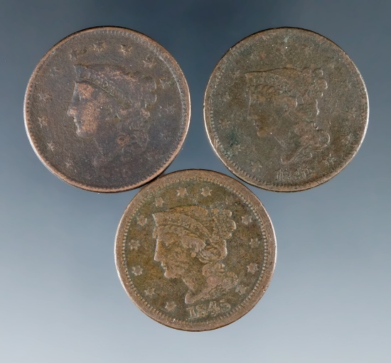 3 US Large Cents 1836, 1840 and1845 AG-VG Details Environmental Damage