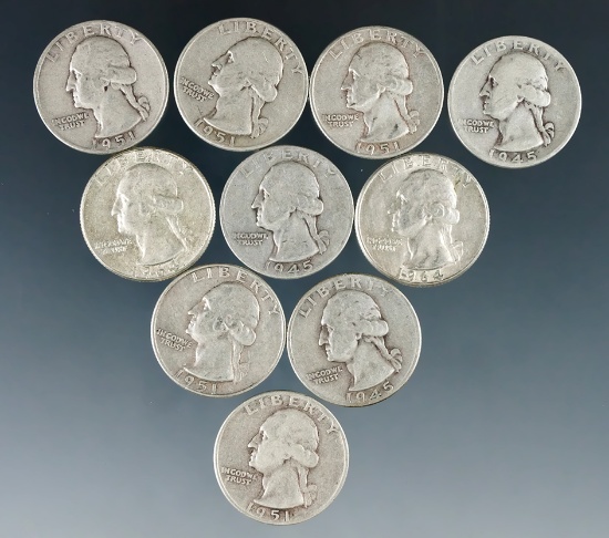 10 Assorted Washington Silver Quarters 1964 or Before VG-AU