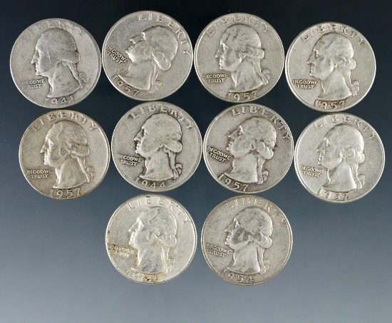 10 Assorted Washington Silver Quarters 1964 or Before VG-AU