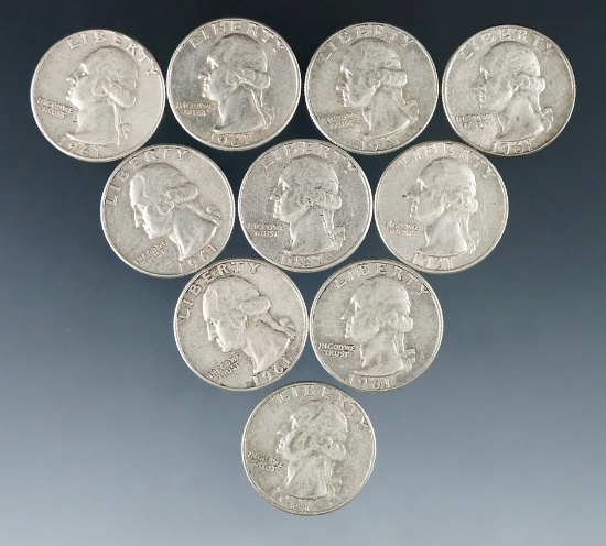 10 Assorted 1961 Washington Silver Quarters XF-AU