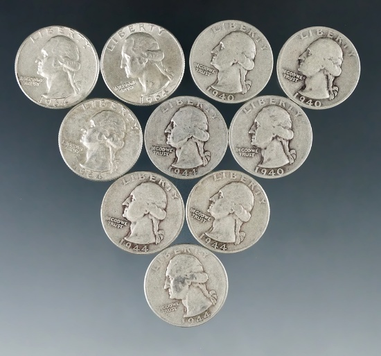 10 Assorted Washington Silver Quarters 1964 or Before VG-AU