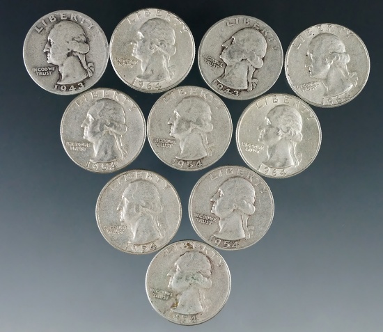 10 Assorted Washington Silver Quarters 1964 or Before VG-AU