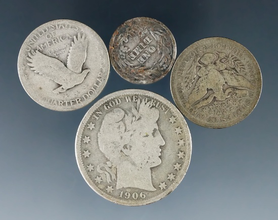 1904 Barber Dime F Details, 1900 Barber Qtr. G, Standing Lib. Qtr. and 1906-O Barber Half Dollar G