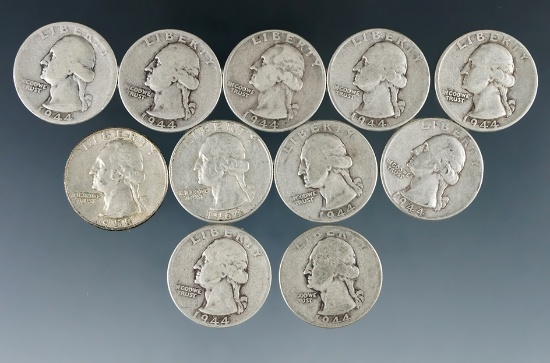 11 Assorted Washington Silver Quarters 1964 or Before VG-AU