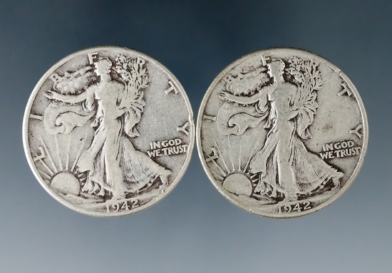 2 1942 Walking Liberty Silver Half Dollars F