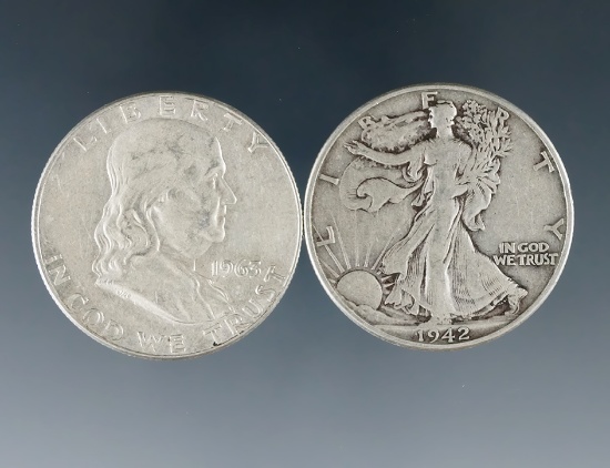 1942 Walking Liberty and 1963-D Franklin Silver Half Dollars F-AU