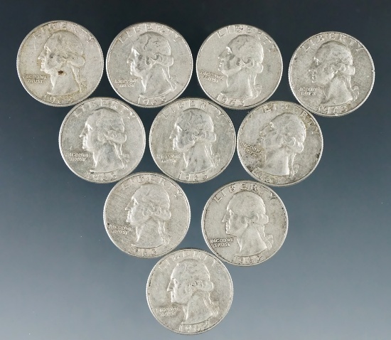 10 Assorted Washington Silver Quarters 1964 or Before VF-AU