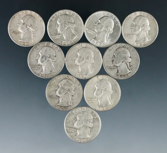 10 Assorted Washington Silver Quarters 1964 or Before VG-AU