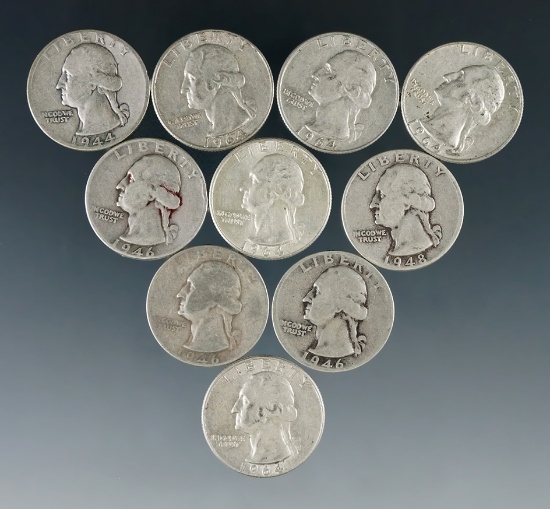 10 Assorted Washington Silver Quarters 1964 or Before G-AU